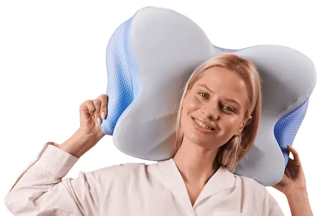 Woman holding the butterfly-shaped memory foam pillow